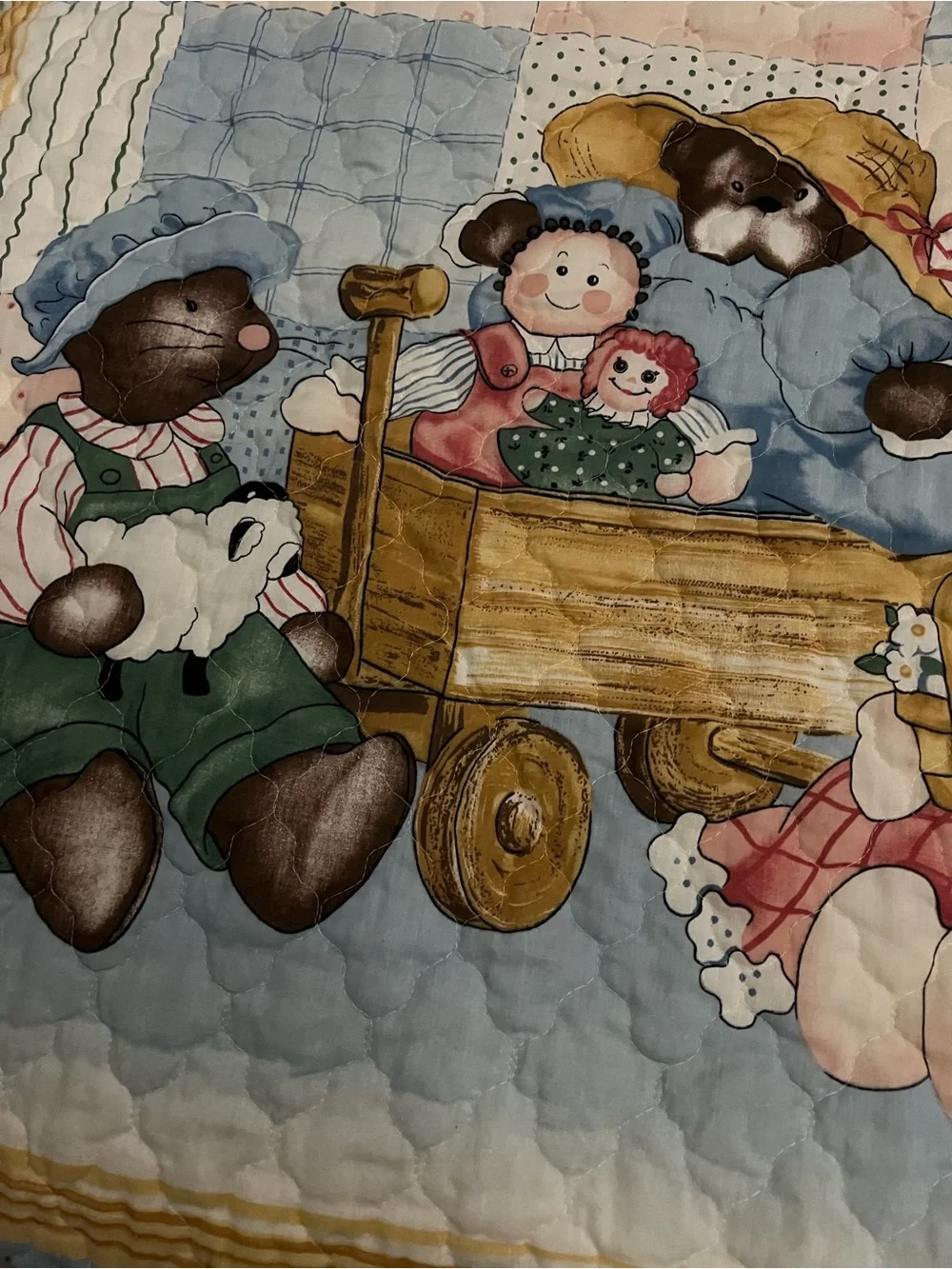 Children's Quilt Panel with Teddy Bears and Dolls - Blue/Pink with ditsy flowers